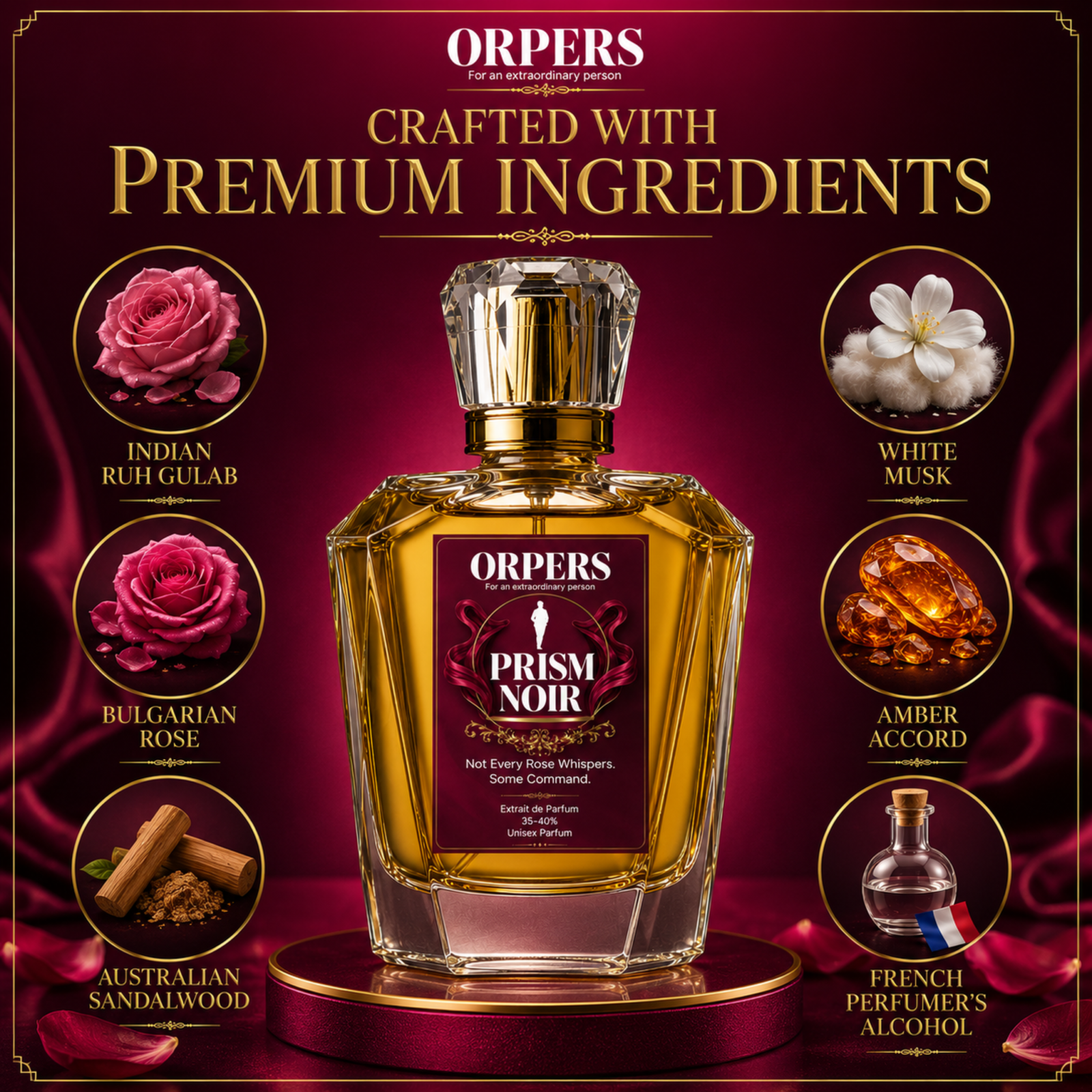 ORPERS PRISM NOIR ingredients infographic showing Indian Ruh Gulab, Bulgarian Rose, Australian Sandalwood, White Musk, Amber Accord, and French perfumer's alcohol with the perfume bottle.