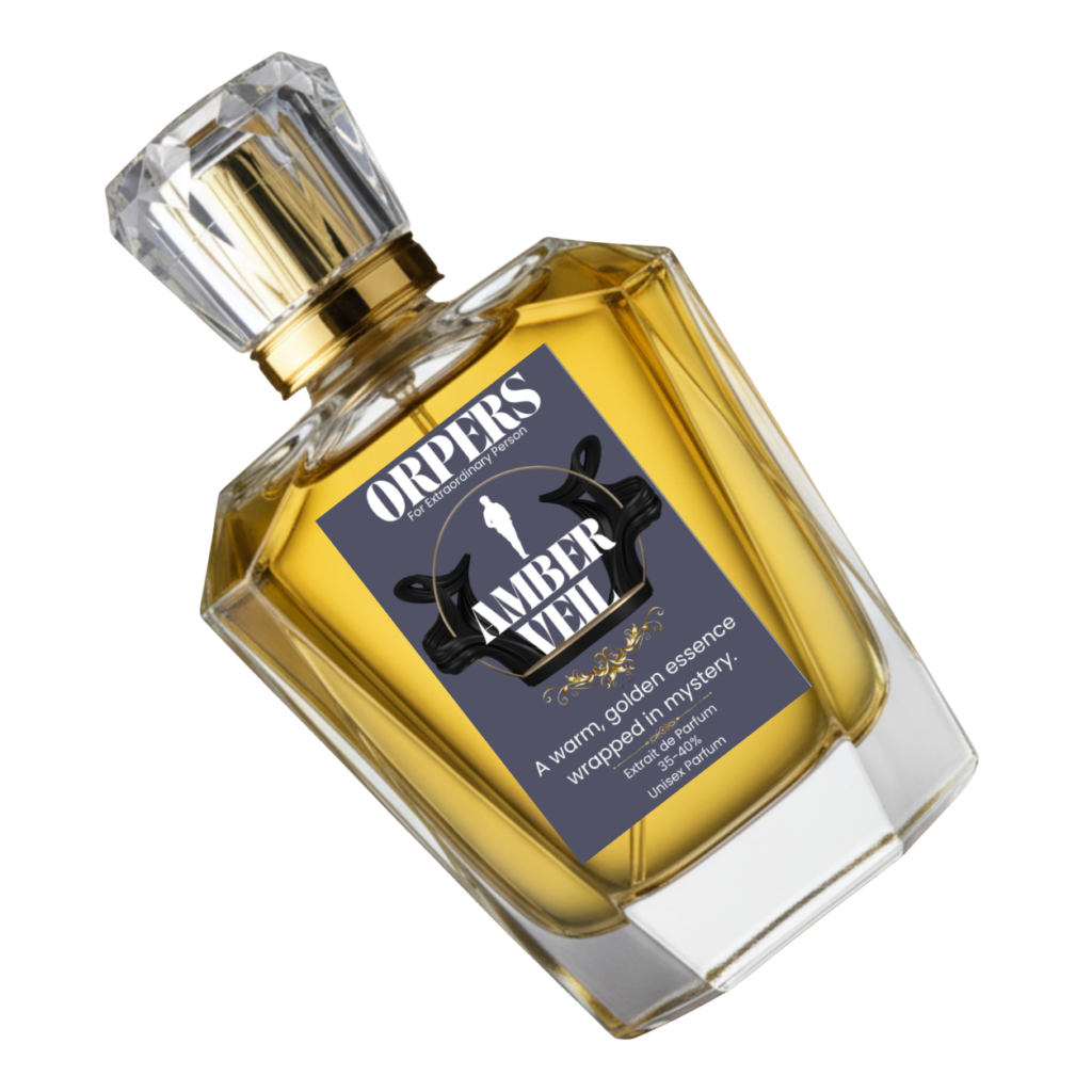 ORPERS Amber Veil Extrait de Parfum luxury unisex perfume bottle with golden fragrance in a premium crystal glass bottle on a transparent background.