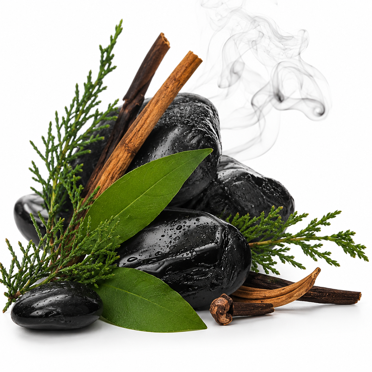 A premium flat-lay arrangement of natural fragrance ingredients including oud wood, cinnamon sticks, fresh green leaves, evergreen branches, black stones, and aromatic smoke on a clean white background, representing the luxurious composition of ORPERS Black Oud.