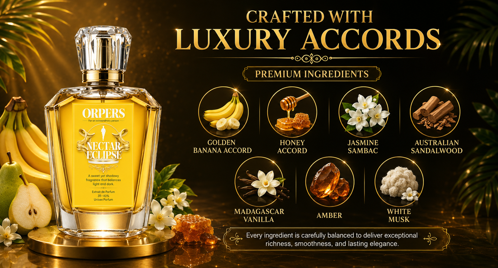 ORPERS Nectar Eclipse luxury Extrait de Parfum infographic showcasing premium fragrance ingredients including Golden Banana Accord, Honey Accord, Jasmine Sambac, Australian Sandalwood, Madagascar Vanilla, Amber, and White Musk in an elegant black and gold design.