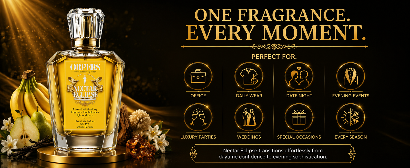 ORPERS Nectar Eclipse luxury perfume infographic showcasing its versatility for every occasion, including office, daily wear, date night, evening events, luxury parties, weddings, special occasions, and every season. Features the premium Extrait de Parfum bottle with tropical fruits, vanilla, amber, and floral ingredients.