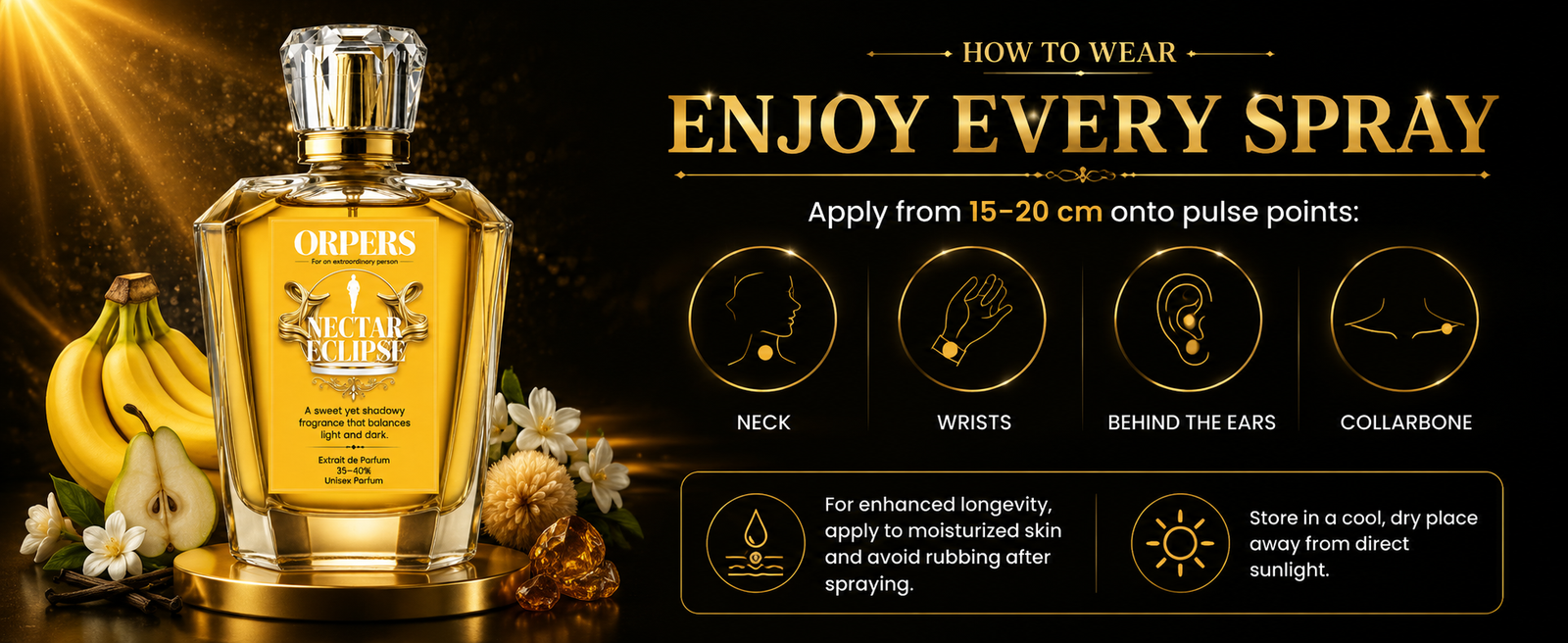 ORPERS Nectar Eclipse "How to Wear" infographic showing the correct way to apply Extrait de Parfum on pulse points including the neck, wrists, behind the ears, and collarbone. The image also provides tips for longer-lasting fragrance and proper perfume storage.
