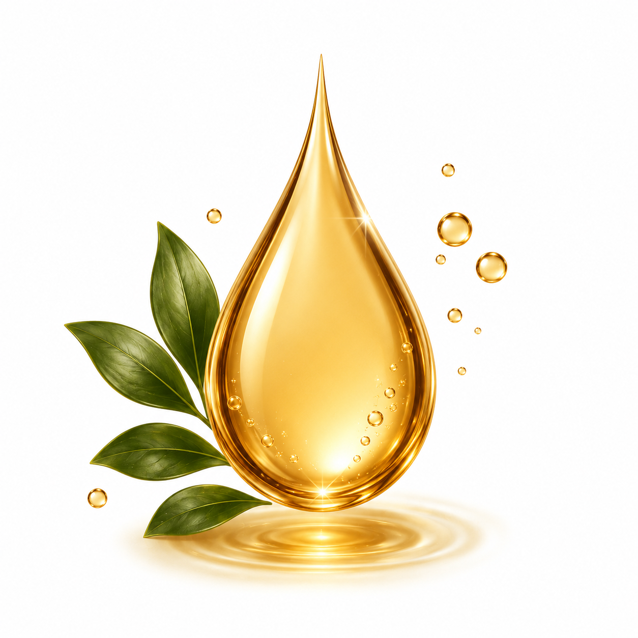 A luxurious golden perfume oil drop surrounded by fresh green leaves and floating oil droplets on a clean white background, symbolizing the high-concentration fragrance oils used in ORPERS Extrait de Parfum.