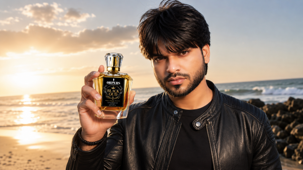 A stylish young man wearing a black leather jacket holds the ORPERS Black Oud Extrait de Parfum bottle on a beach during golden hour. The luxury fragrance bottle is prominently displayed against a dramatic sunset, ocean waves, and rocky shoreline, creating a premium fashion campaign.